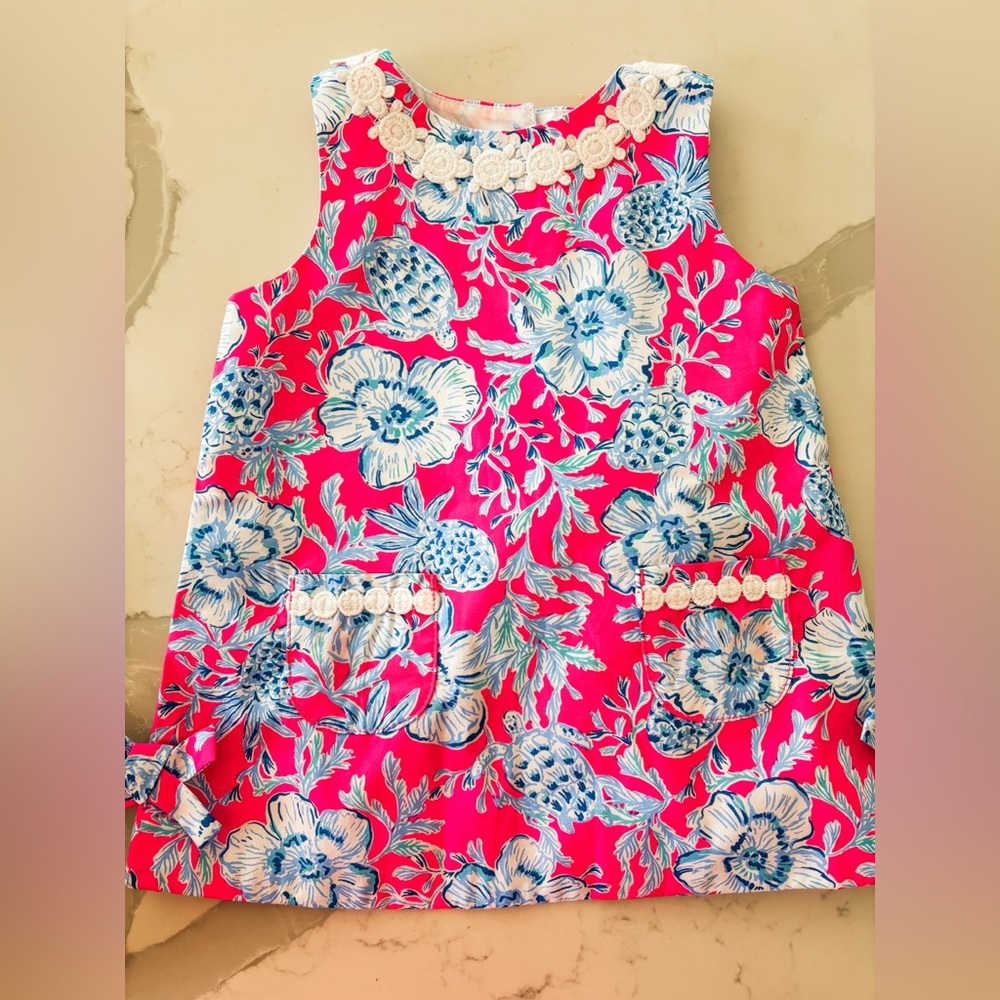 Lilly Pulitzer Girls Pink Floral Shift Dress with Blue Accents
